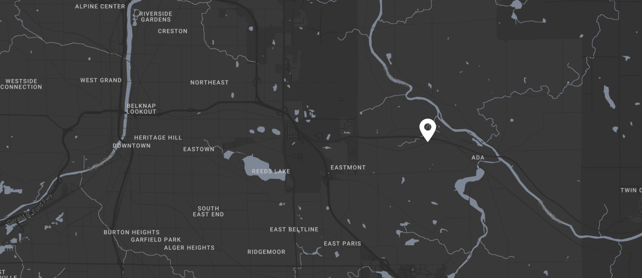 Overview map of the Grand Rapids area showing a pinpoint of IDEOLOGY Productions and Golden Hour located in Ada, Michigan.