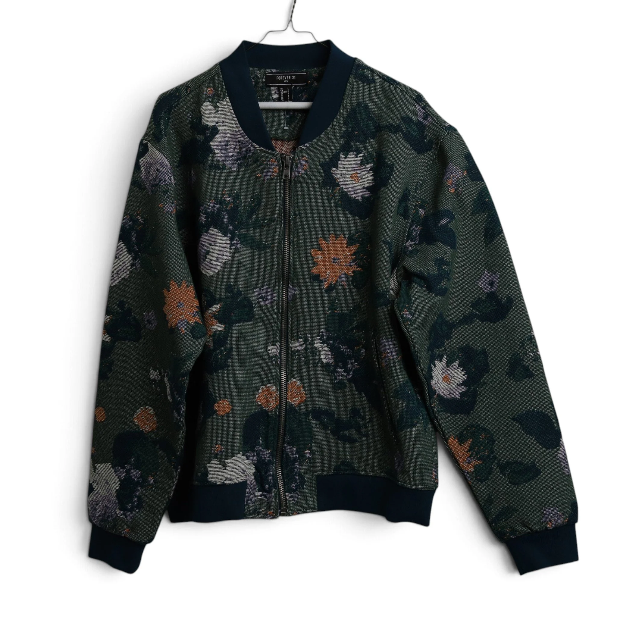 Dark Green Zip Up Jacket With Floral Pattern