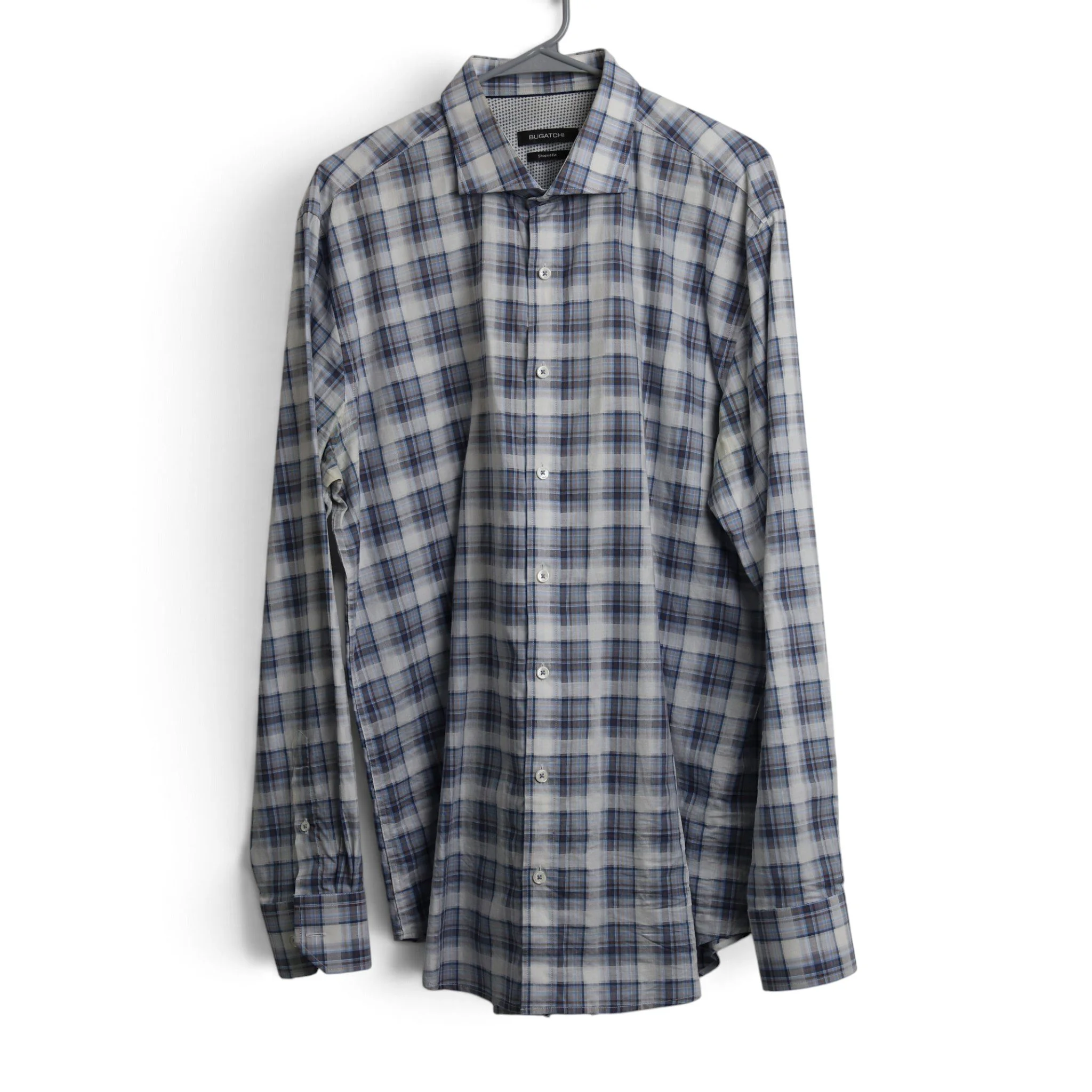 Blues/Yellow/White Plaid Long Sleeve Dress Shirt