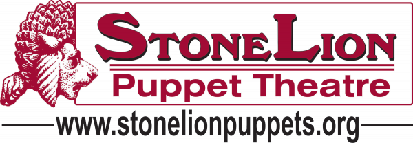 Logo for Stone Lion Puppet Theatre featuring a red lion puppet and the organization's name