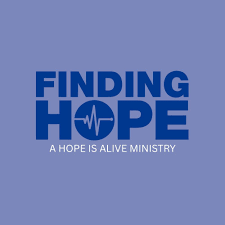 Logo for Finding Hope, A Hope is Alive Ministry with blue background and text.