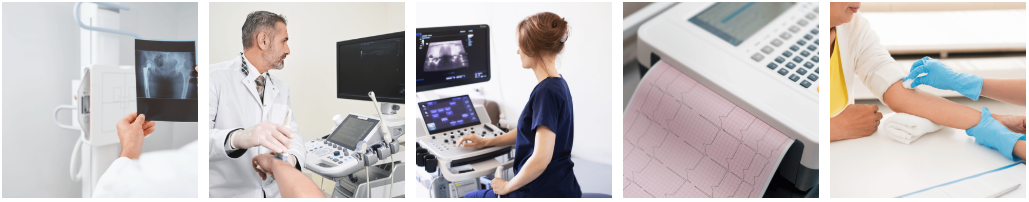 Five image representing IDS diagnostic services including Portable X-ray, Ultrasound, Echocardiogram, EKG, and Laboratory Services.