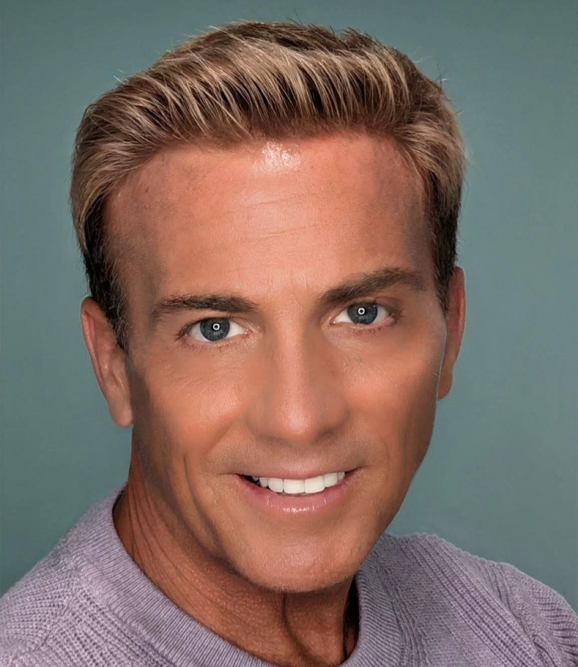 Close-up portrait of a middle-aged man with blonde hair, blue eyes, smiling, wearing a gray shirt, against a plain background.