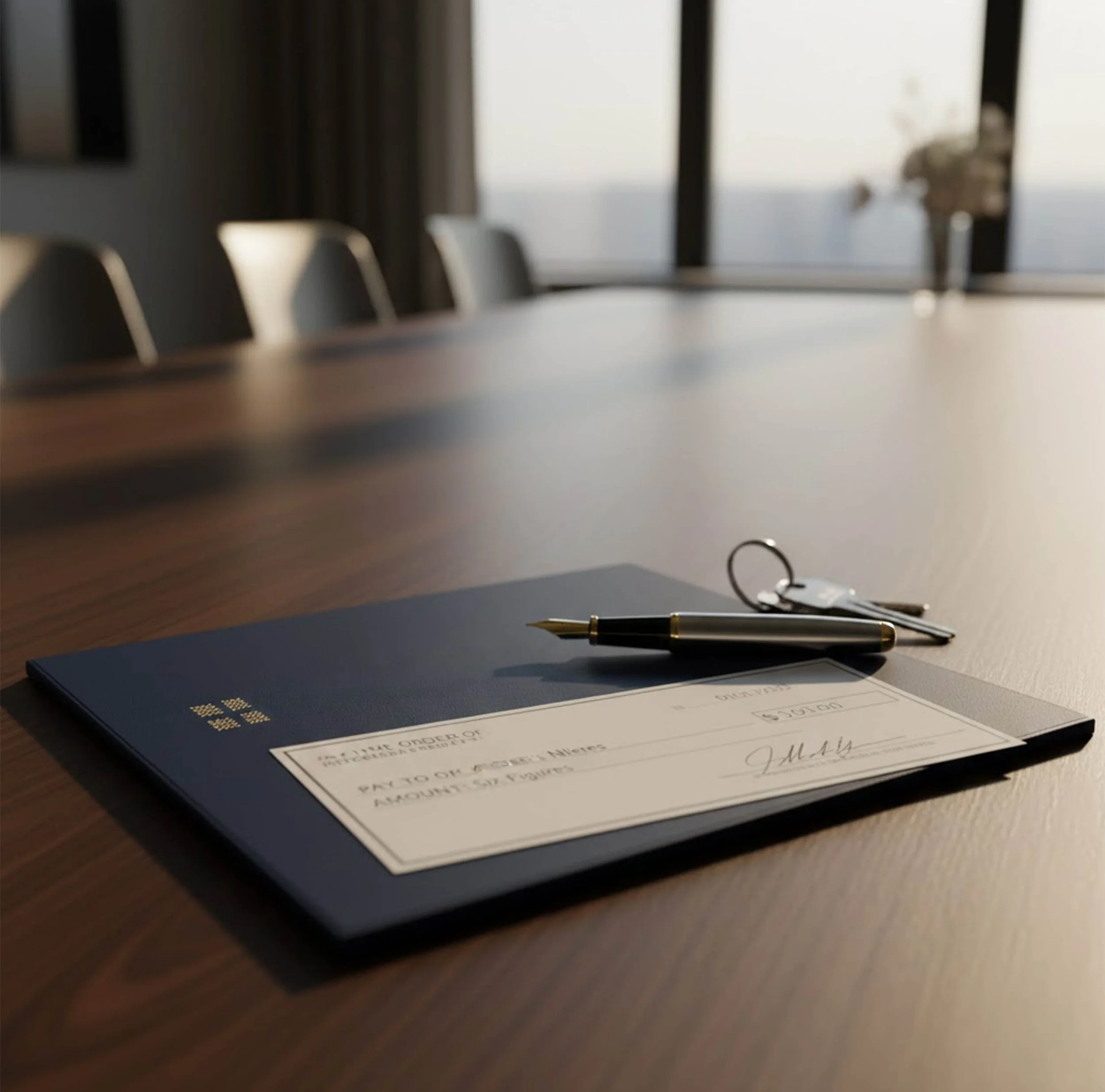 Closing table with check, keys, and documents for a direct commission-free Chicago as-is cash home sale