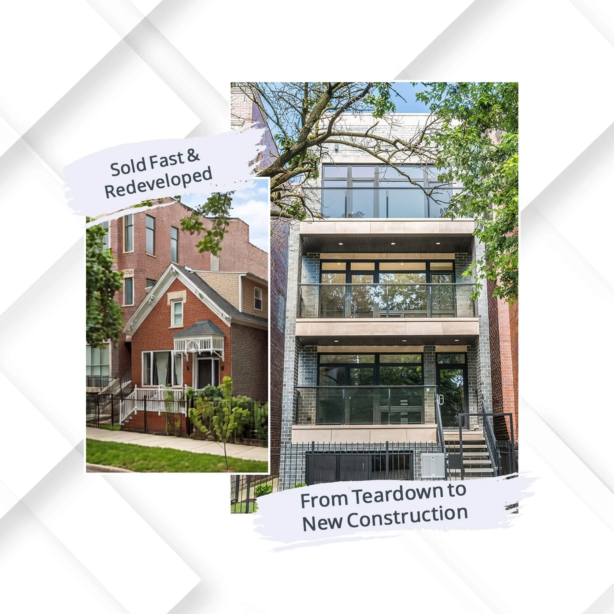 Before and after Chicago teardown house transformation into modern infill new construction