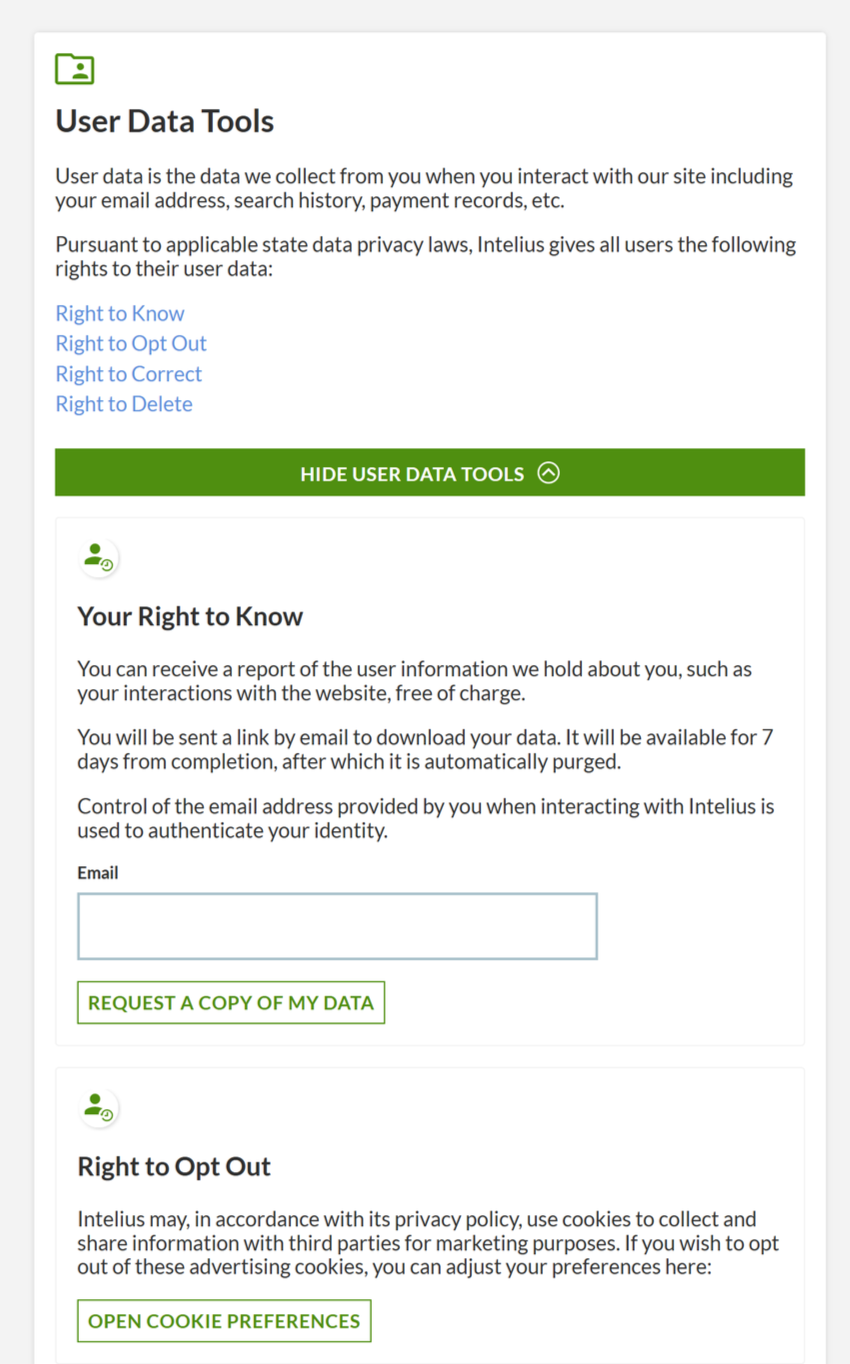 Screenshot of a webpage titled 'User Data Tools' explaining user rights regarding personal data, including 'Right to Know,' 'Right to Opt Out,' 'Right to Correct,' and 'Right to Delete,' with options to request data or change cookie preferences.