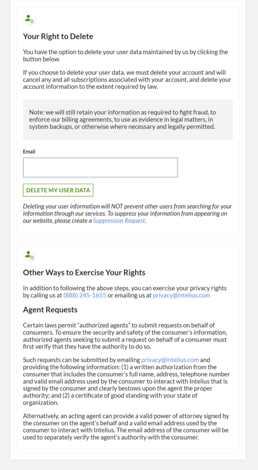 A digital form titled 'Your Right to Delete,' with a note on data retention, an email input box, and a green button labeled 'DELETE MY USER DATA.' Below, a section on exercising privacy rights through agent requests with contact information and legal instructions.