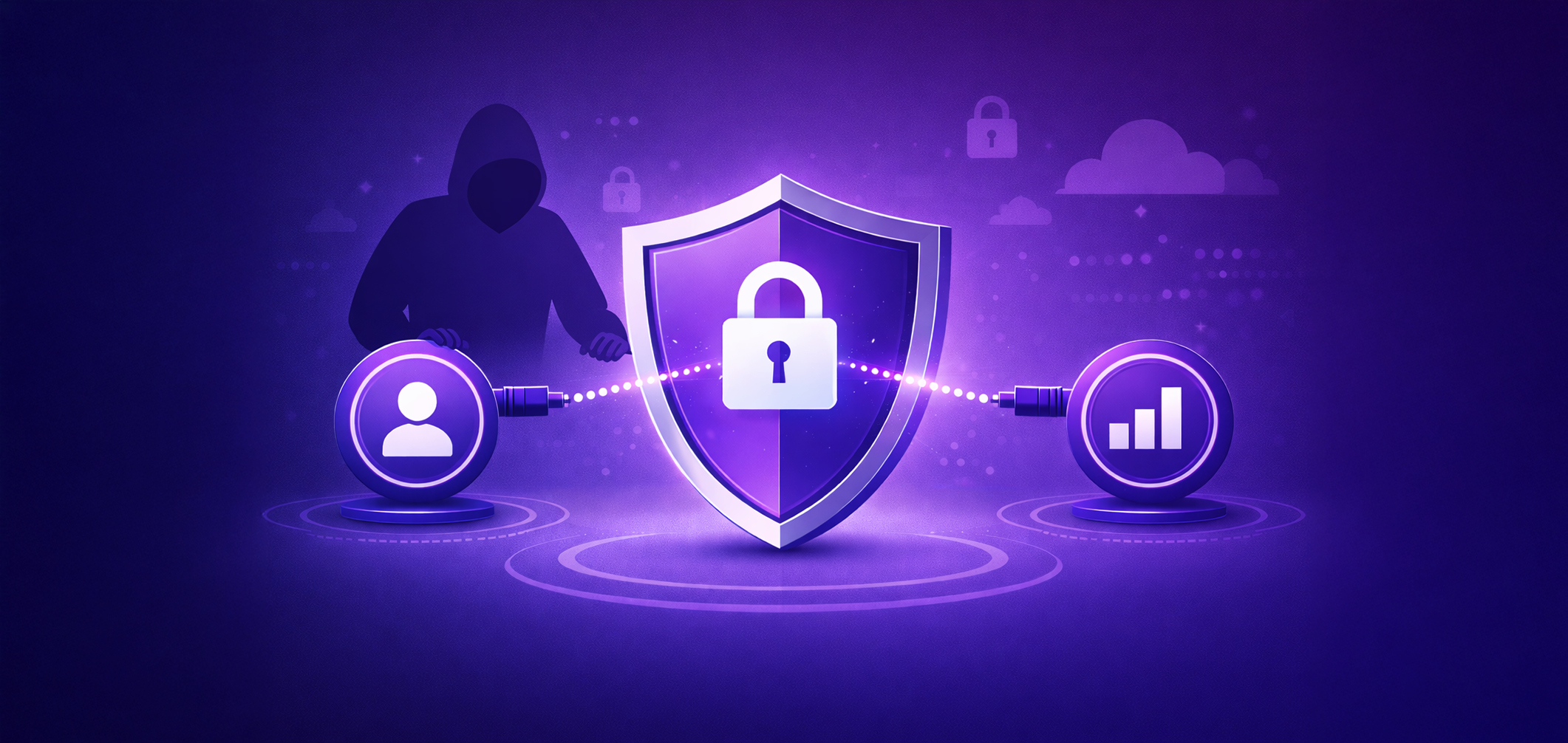 3D illustration of a digital shield blocking a hacker from connecting SSN data to personal contact info, using a purple and gray brand palette.
