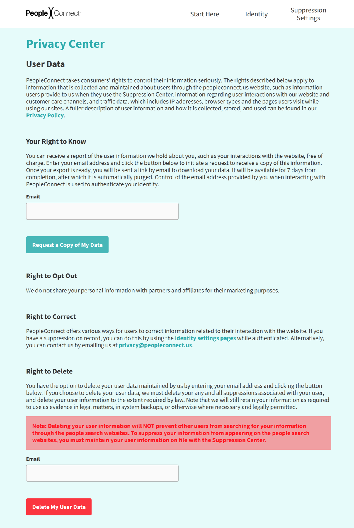 Screenshot of PeopleConnect Privacy Center webpage, including sections on User Data, Rights to Know, Opt Out, Correct, and Delete, with a request form for user email and buttons for requesting data and deleting user data.