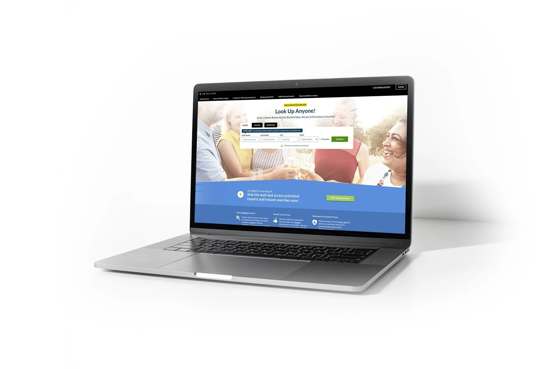 Laptop displaying a public records search website with smiling people, front view