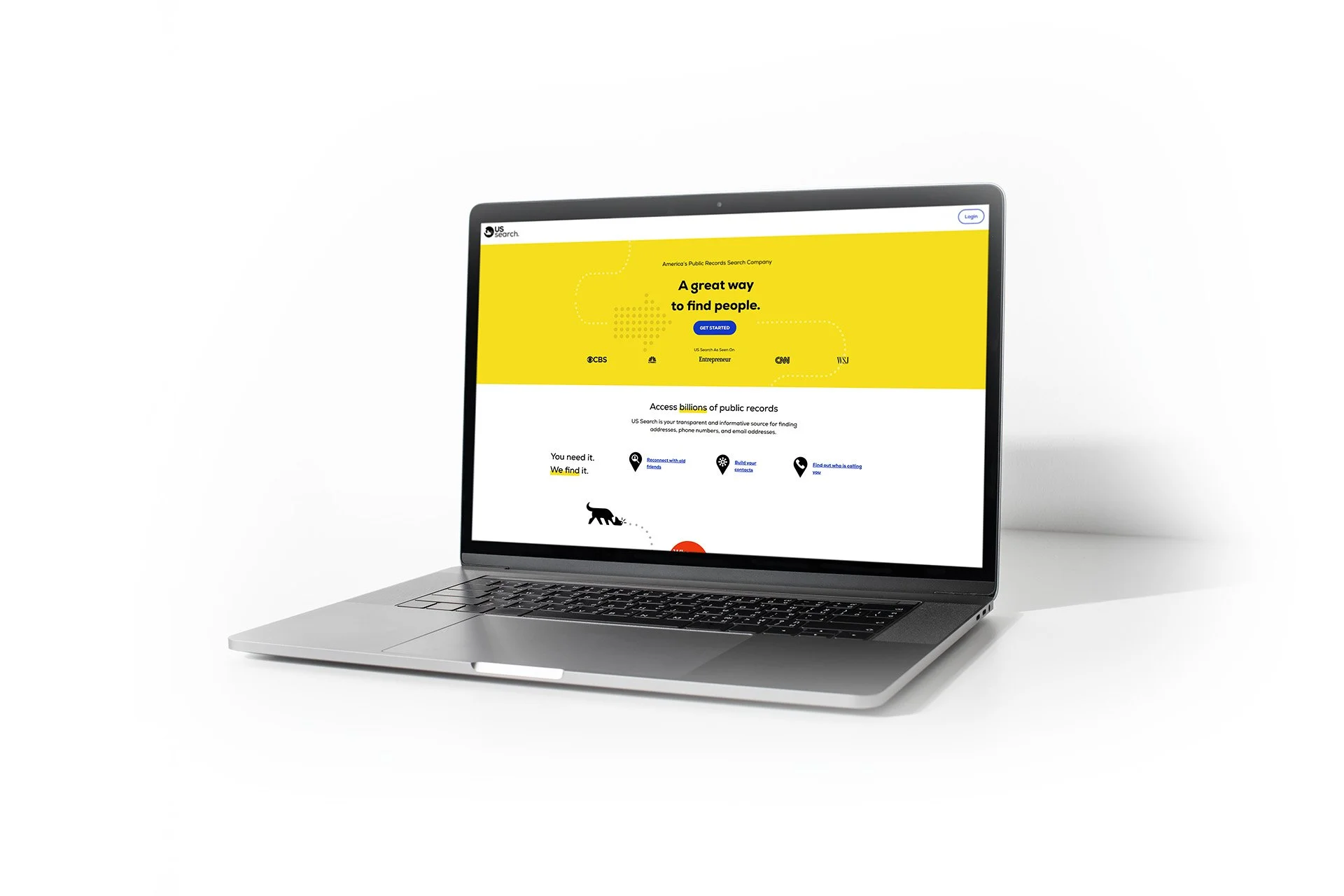 Laptop displaying a website for public records search with a yellow header, blue 'Get Started' button, and icons for accessing public records.