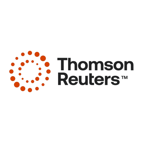 Thomson Reuters logo with the company name in black text and an orange circular design made of dots.