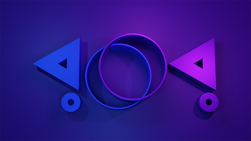 3D geometric shapes including blue and purple triangles, circles, and rings on a purple background