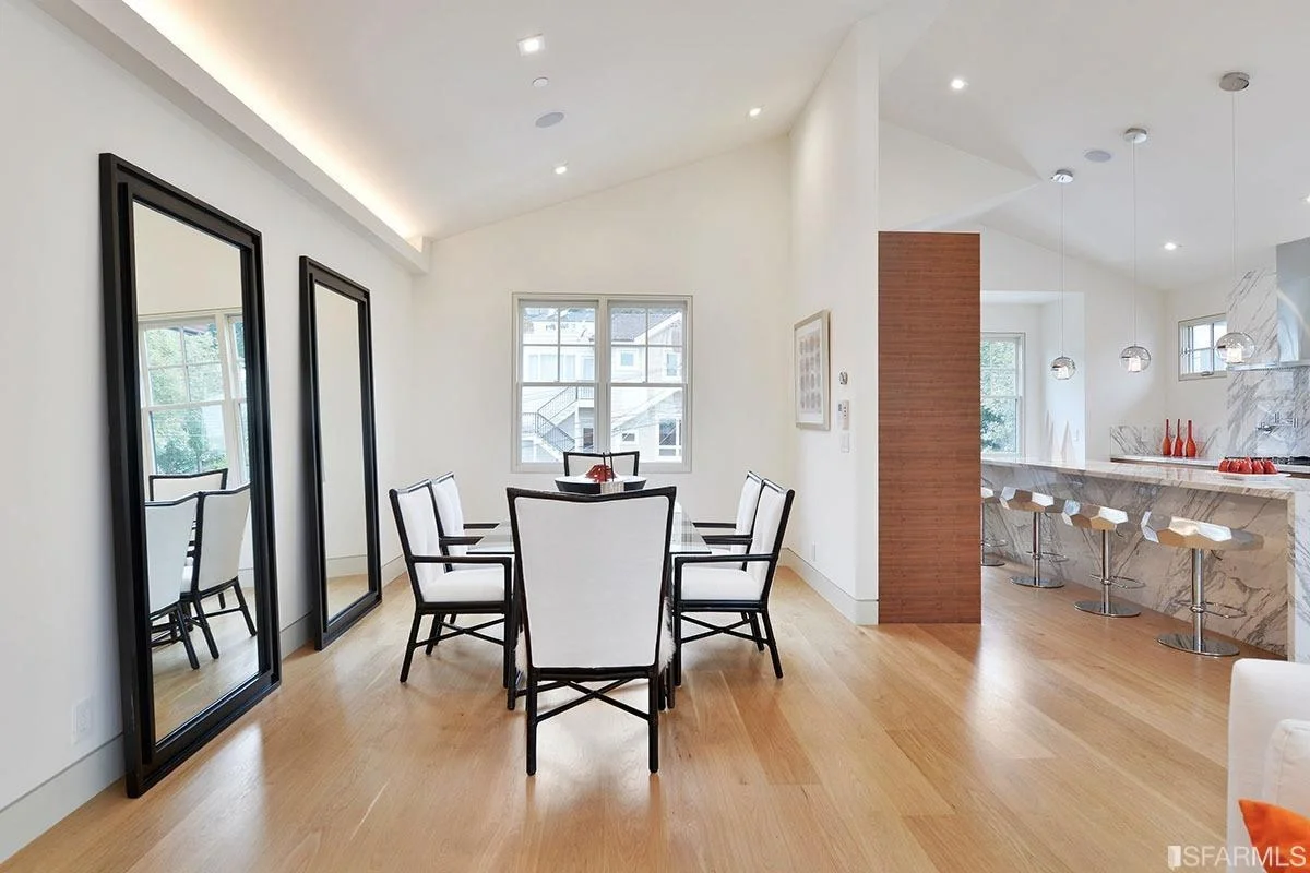 dining area with recessed lighting, hardwood floors, and bright windows — San Francisco Bay Area general contractor