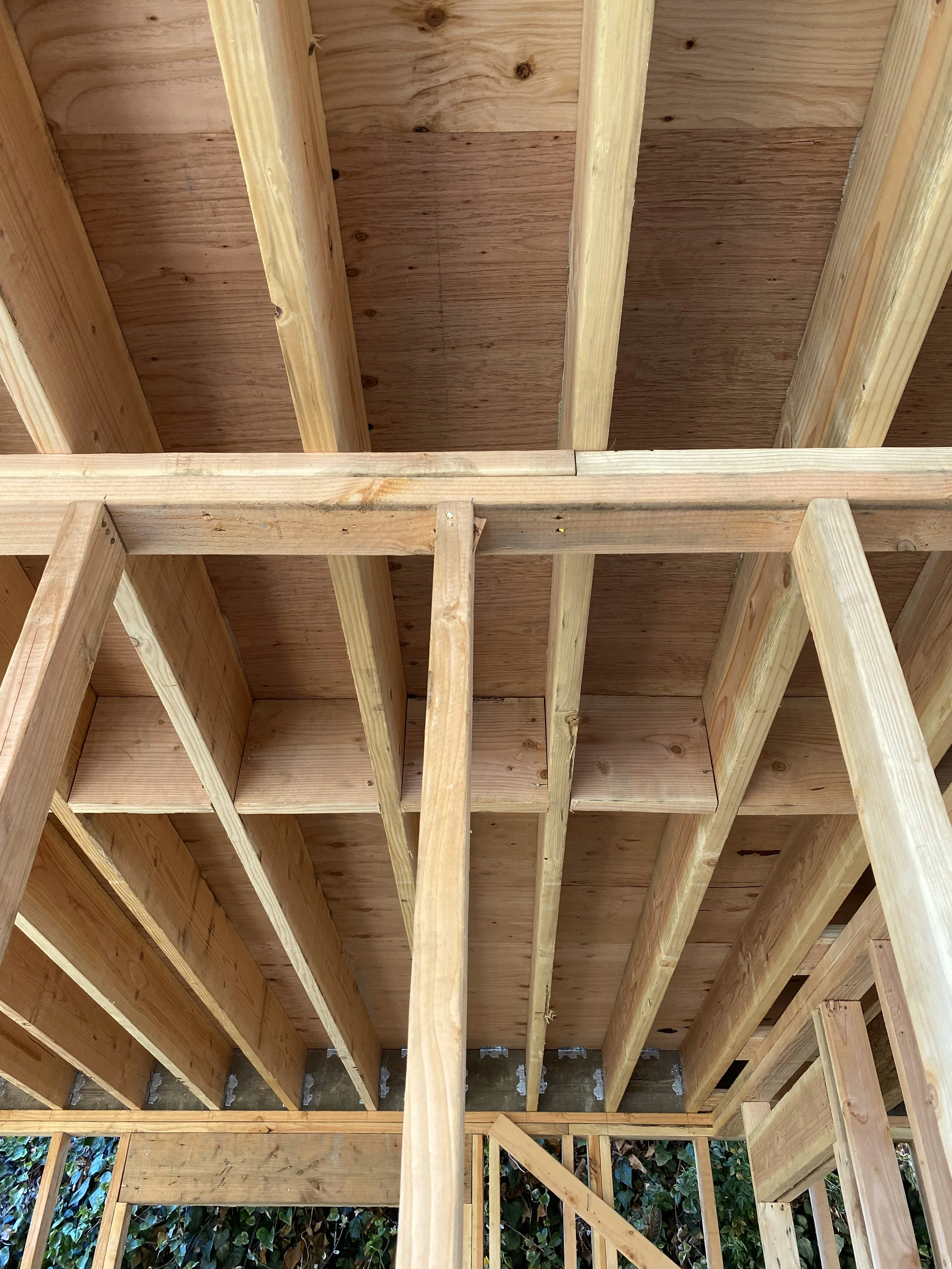 Two-story detached ADU ceiling and beam framing with exposed joists — San Francisco Bay Area general contractor
