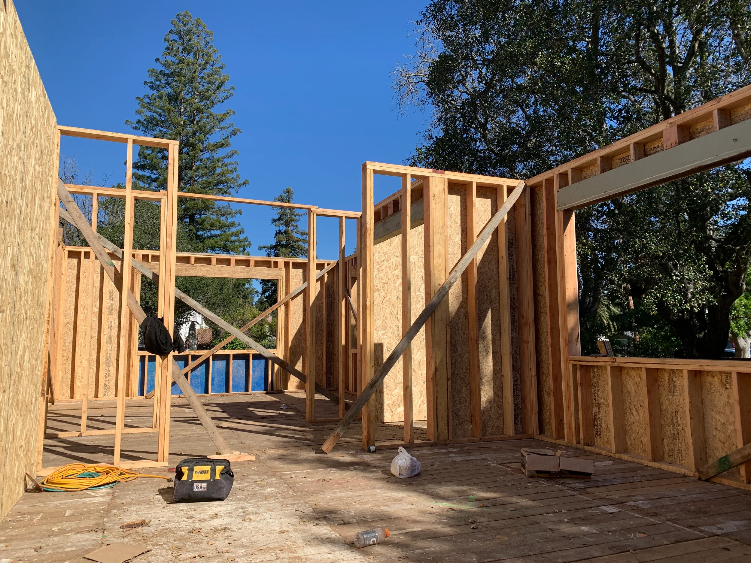 open view of wooden frames of home addition project—SF Pinnacle General Contractor