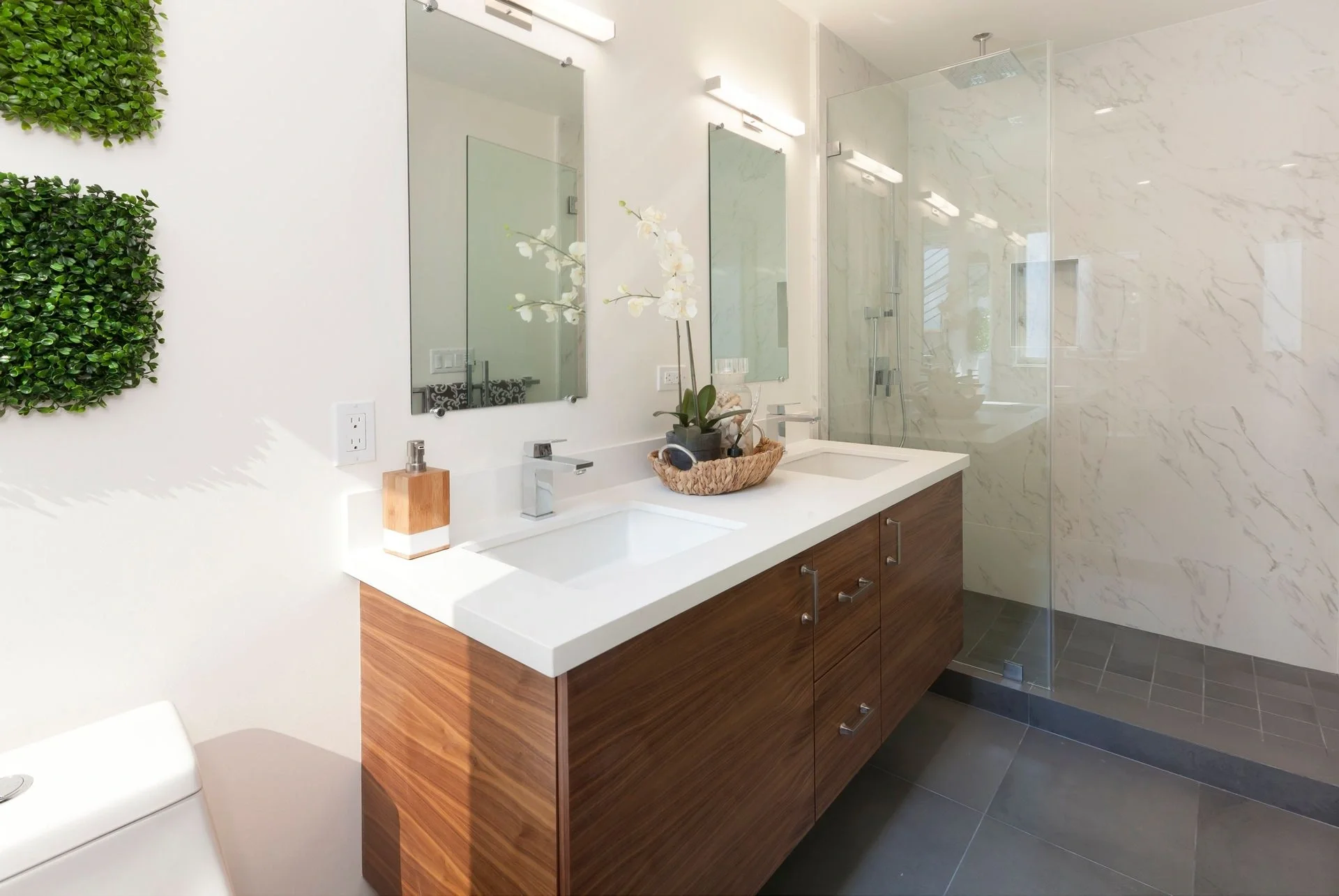 Bathroom remodel with long vanity, dual sinks, and large wall mirror — San Francisco Bay Area general contractor