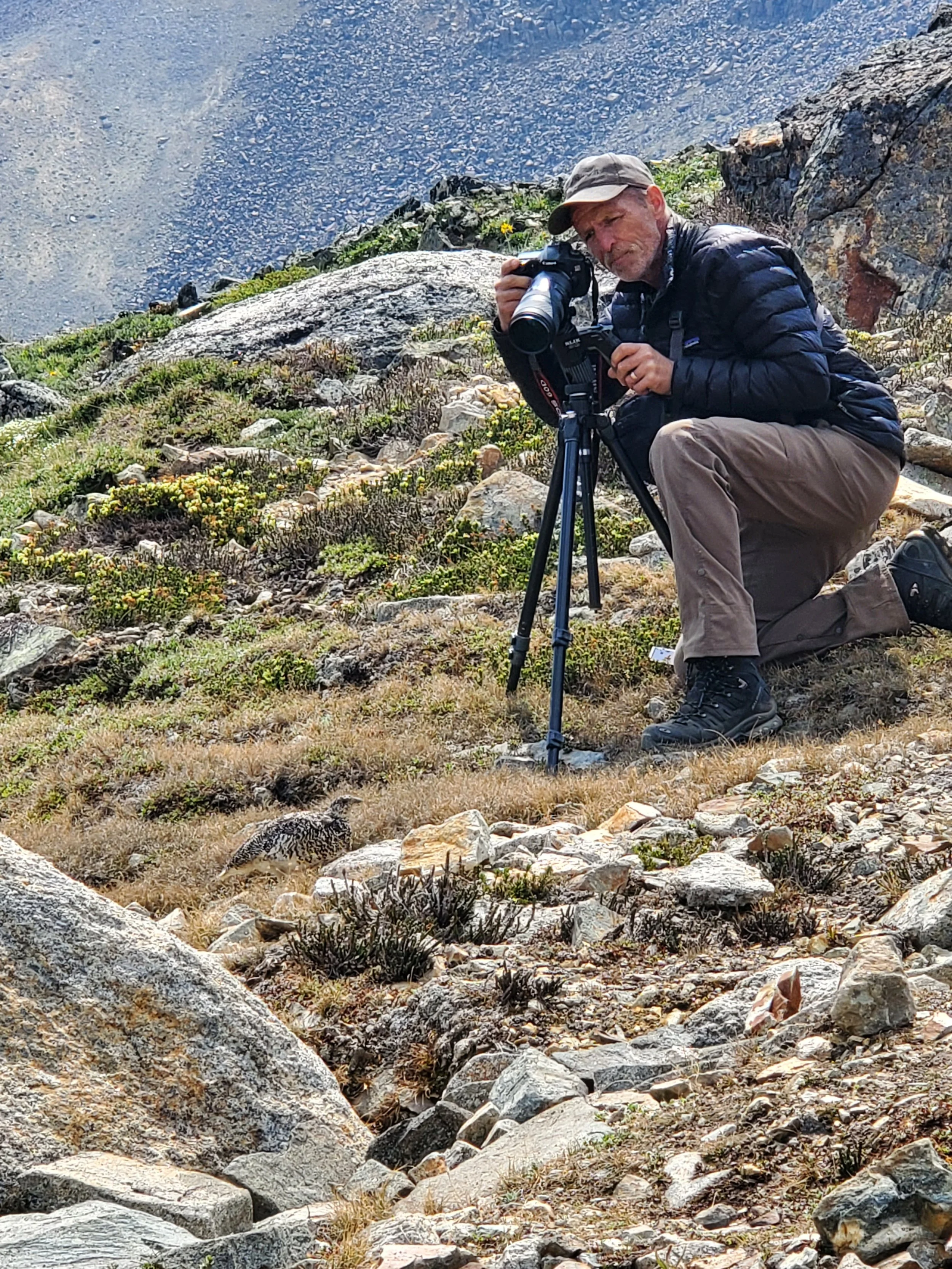A man crouching on rocky terrain with a camera on a tripod, surrounded by sparse vegetation and rocks, in a mountainous landscape.