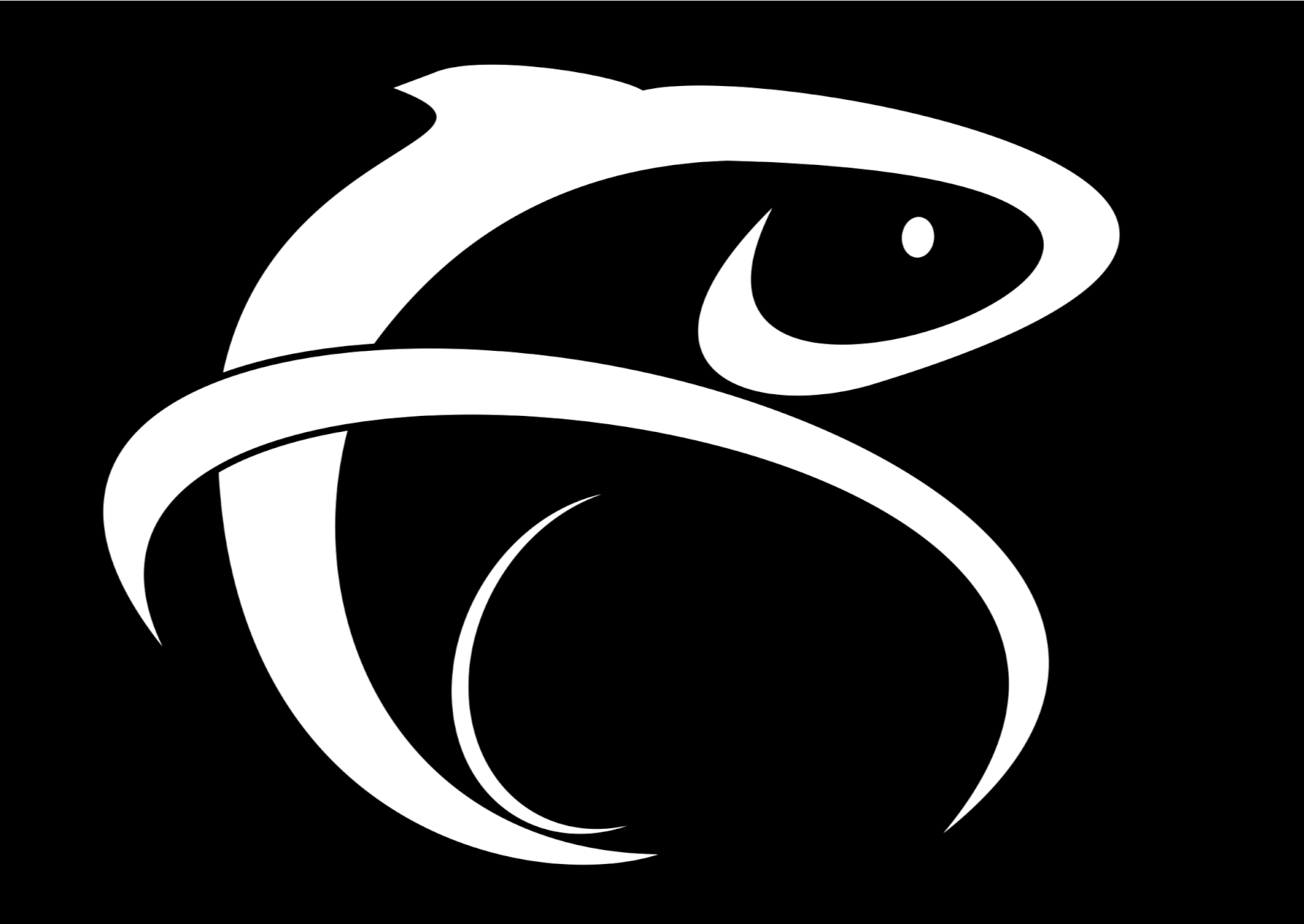 A black and white abstract design resembling a stylized animal, possibly a dragon or bird, with curved lines and eye details.