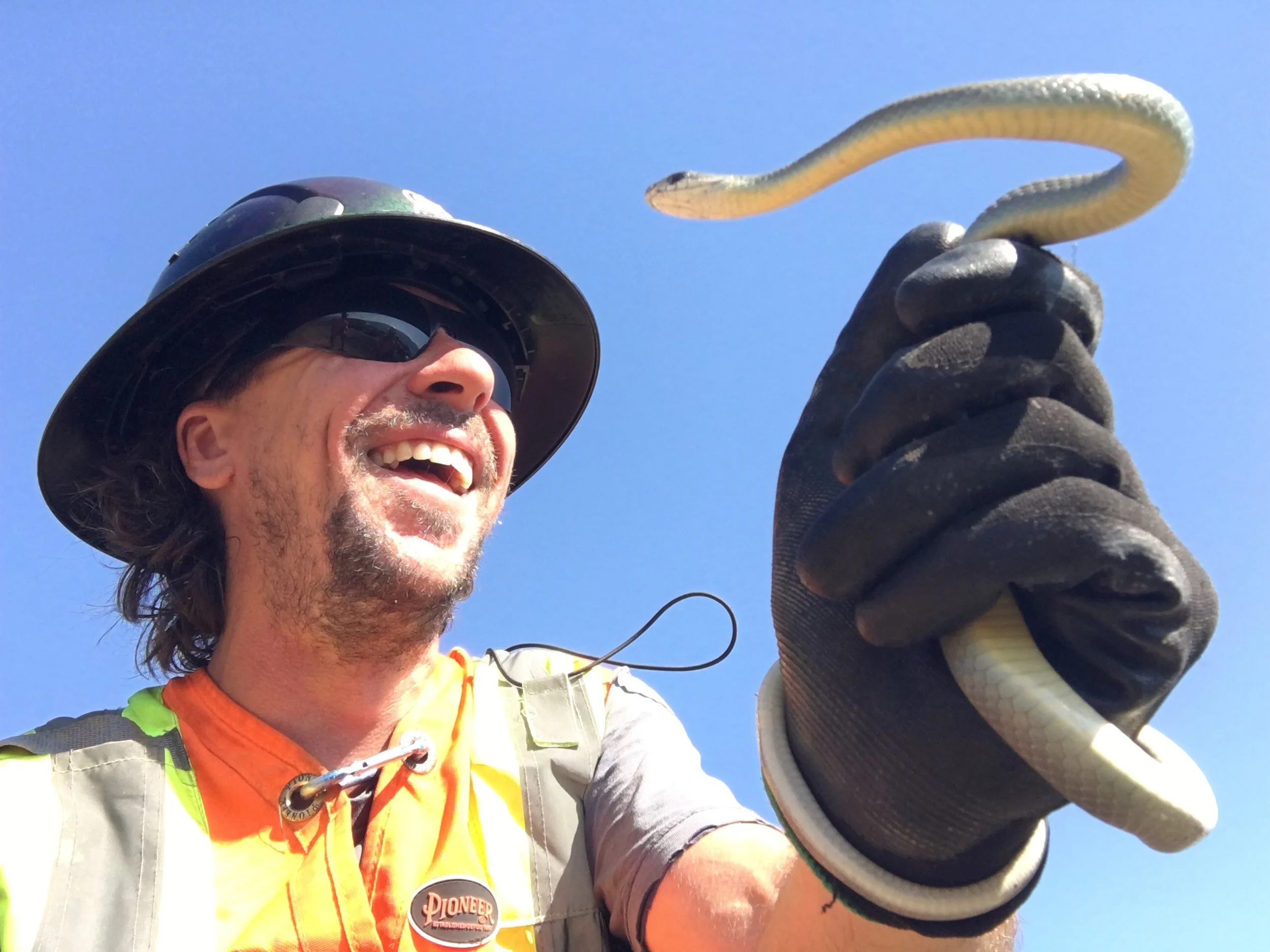 A smiling man wearing a helmet and sunglasses, holding a snake against a clear blue sky.