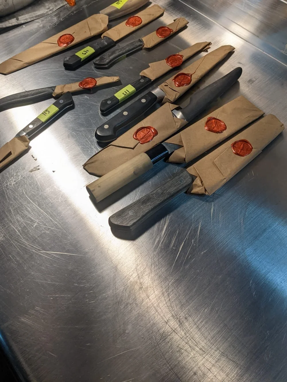 Sharpened knives wrapped for pickup