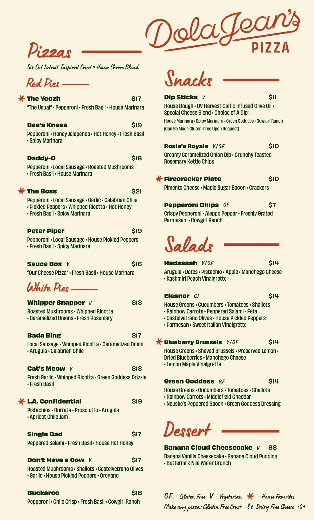 Dola Jean's Fall 2026 Menu Page 1
