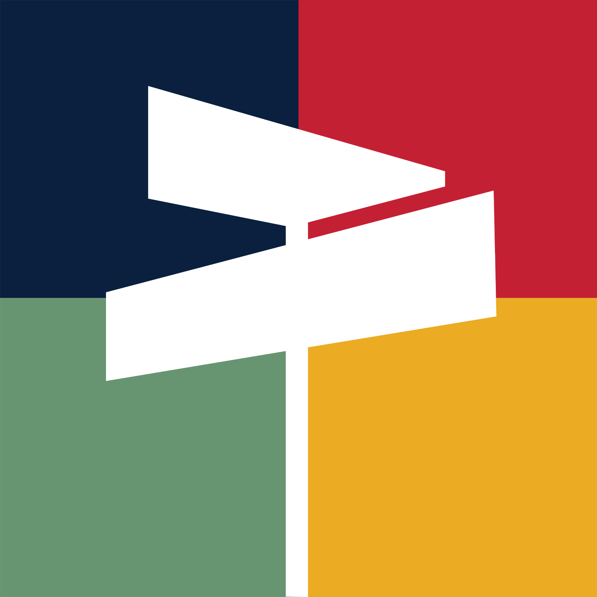 Abstract geometric artwork with blocks of navy blue, red, green, yellow, and white.