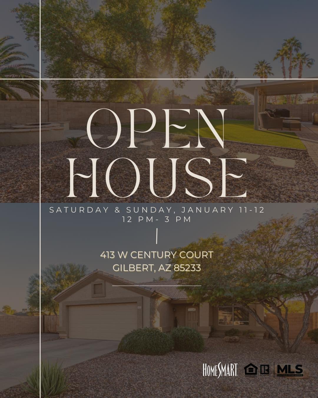 📍 413 W Century Ct, Gilbert, AZ 85233
🗓 Saturday &amp; Sunday, January 11-12th | 12 - 3 PM

✨ Discover this move-in-ready gem in a prime Gilbert location near charming downtown!

✅ Newer AC
✅ Spacious backyard with full-length patio
✅ RV gate for a