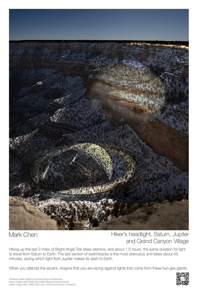 Postcard, autographed: Hiker’s headlight, Saturn, Jupiter and Grand Canyon Village
