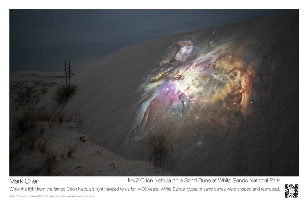 Postcard, autographed: M42 Orion Nebula on a Sand Dune at White Sands National Park