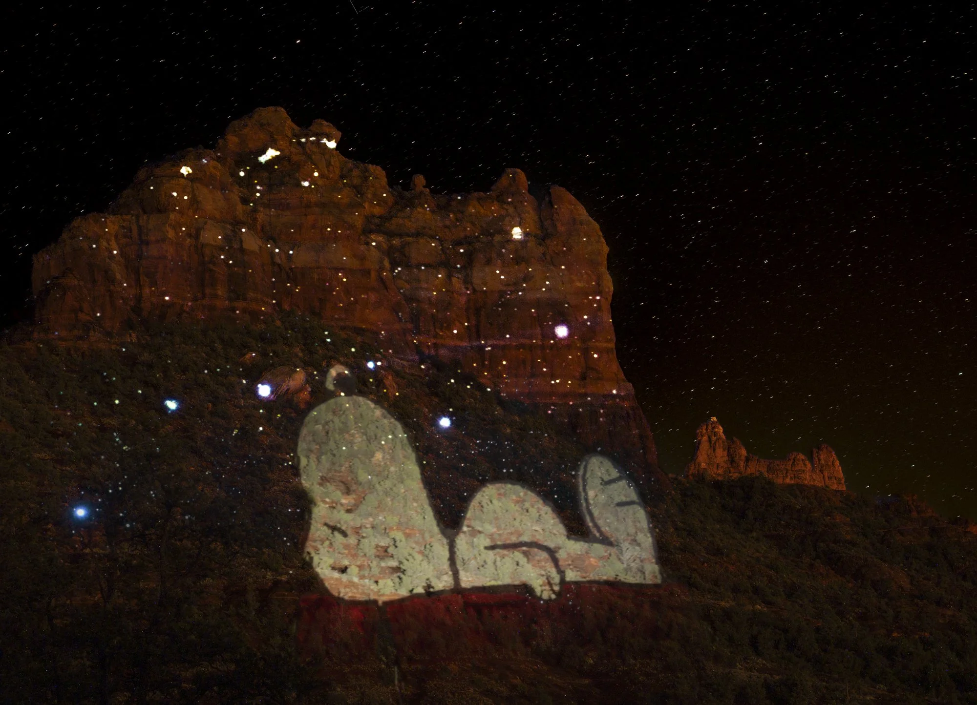 Ursa Major and Snoopy  at Snoopy Rock, Sedona, AZ

11/24/2025

The rock formation resembles Snoopy’s famous napping on rooftop. In 1950, the cartoon canine was created, and the light from Ursa Major we see today was emitted about the same time. 

Ima