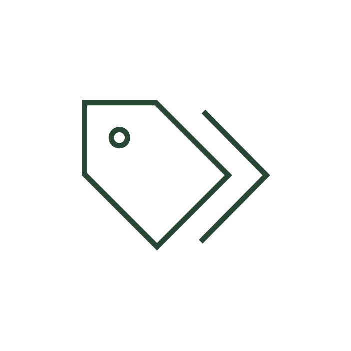 Minimalist line drawing of a price tag with a string and a discount arrow.