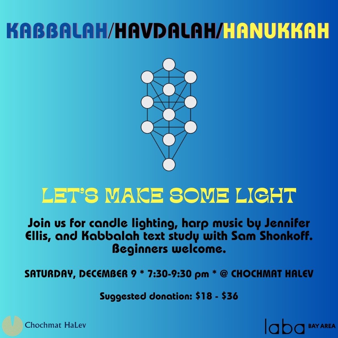 Saturday night! Hanukkah with LABA and @chochmathalev 

KABBALAH STUDY with @sam.shonkoff:
Classical Jewish sources prohibit us from objectifying or &ldquo;using&rdquo; the flames of Chanukah candles. Rather, we are instructed to &ldquo;just look at 