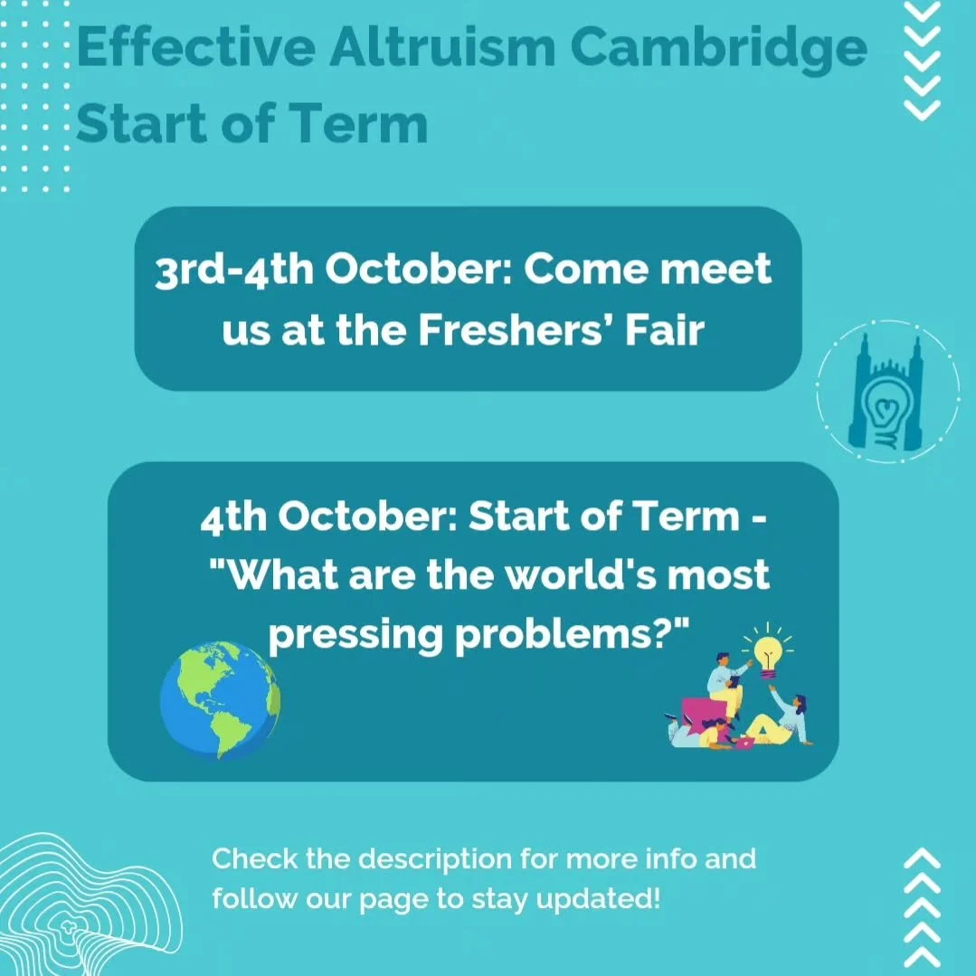 Freshers' Fair : Find our stall between 10am and 4pm on both days at Parker's piece. We'll have free stickers, nice free-to-borrow books, and friendly vibes!

Start of Term event: Excited to announce our first public event of the term! Senior members