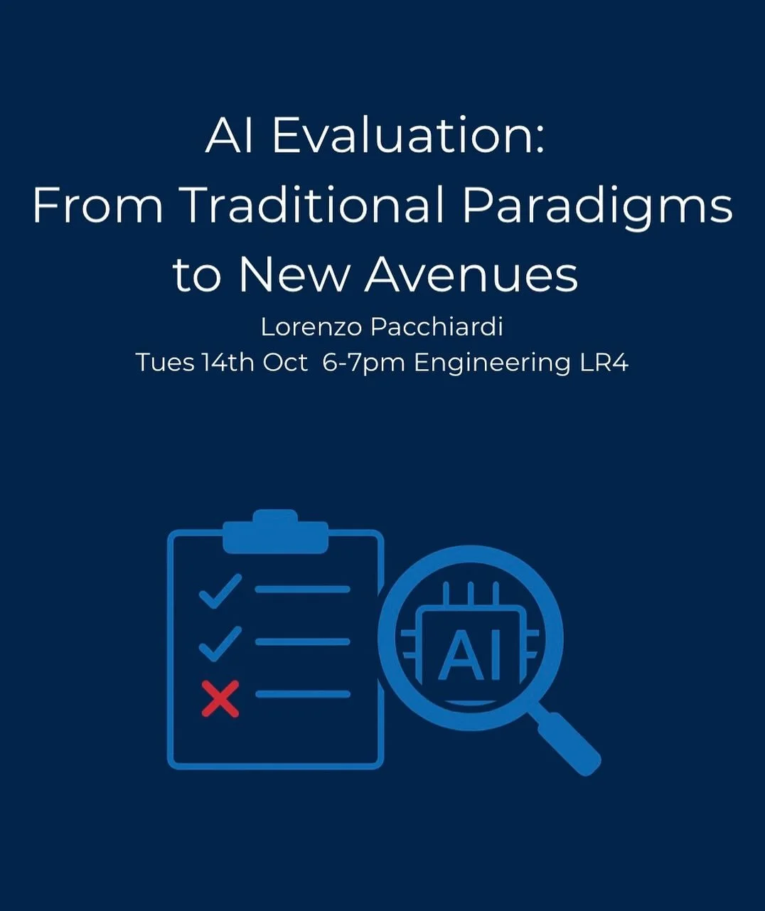 RSVP using the link on our story!  Lorenzo is a Research Associate at the Leverhulme Centre for the Future of Intelligence here at Cambridge, where he develops frameworks to evaluate the cognitive capabilities of LLMs, as well as their ability to per