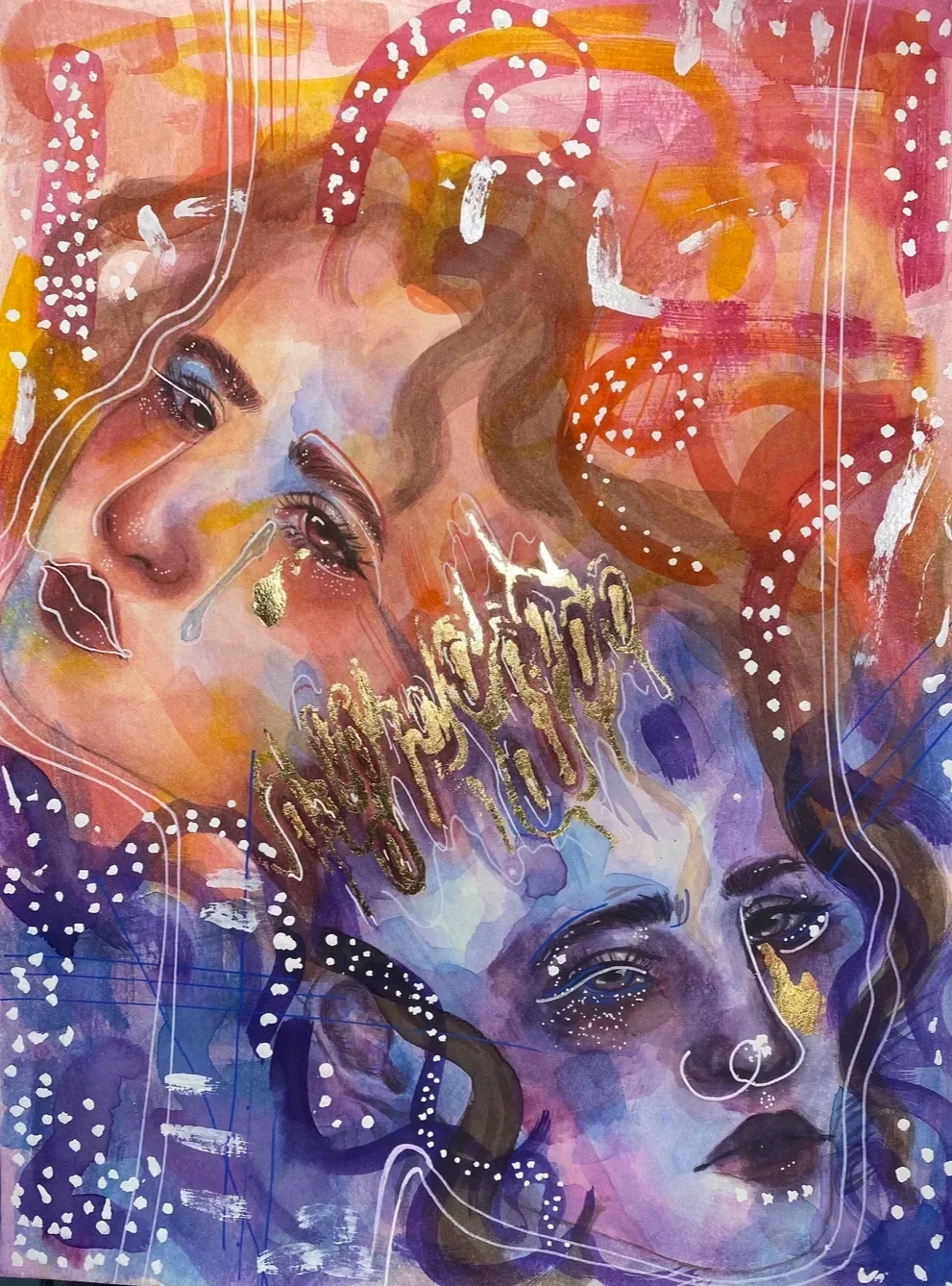 2 faces in watercolor, one in cool blue-ish colors and the other in warm pink-ish colors, lightly resembling the comedy and tragedy masks