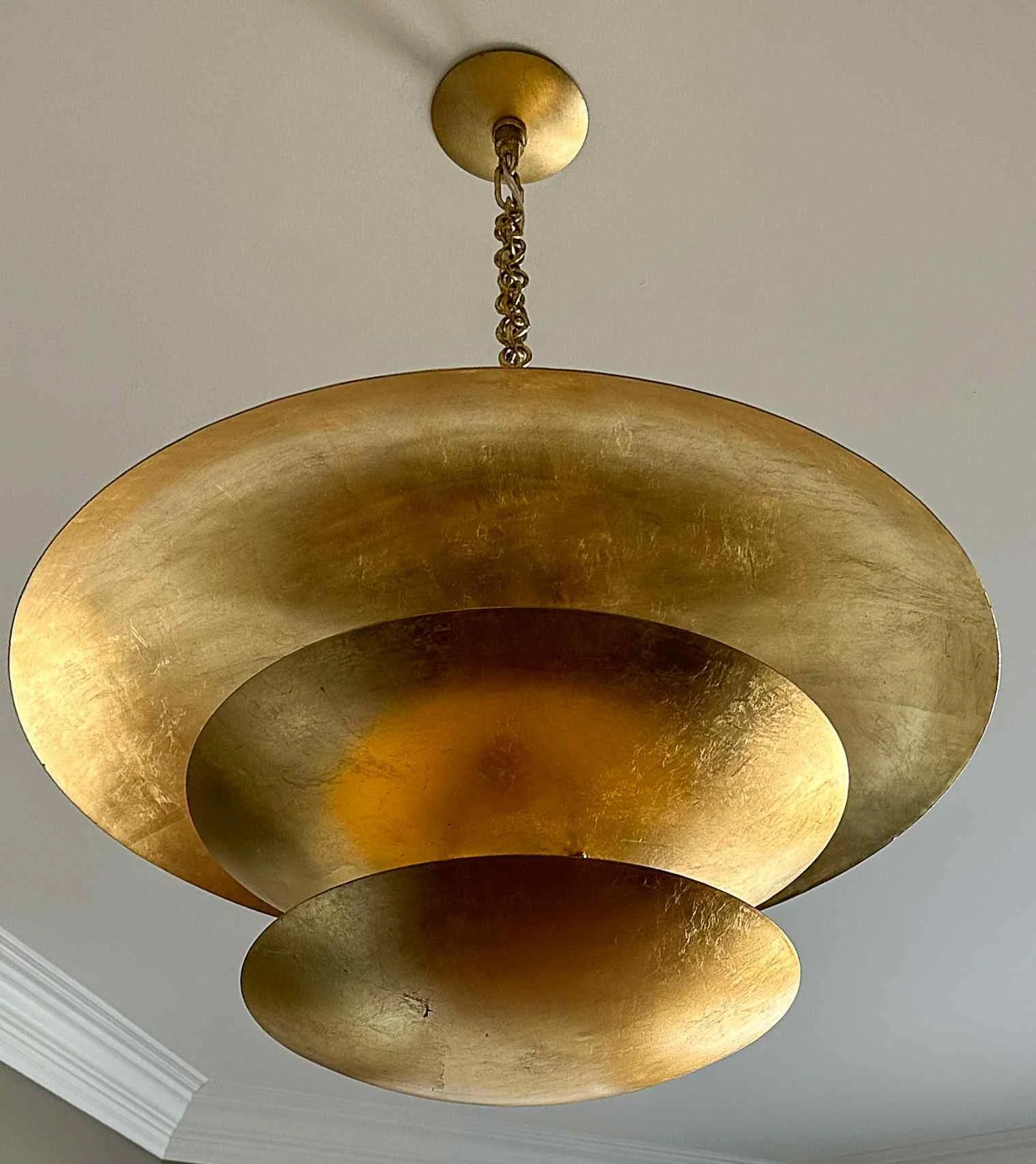 East Cobb home gold leaf tiered disc pendant chandelier with aged brass finish, East Cobb, GA private residence, interior design by Luxe Style Studio