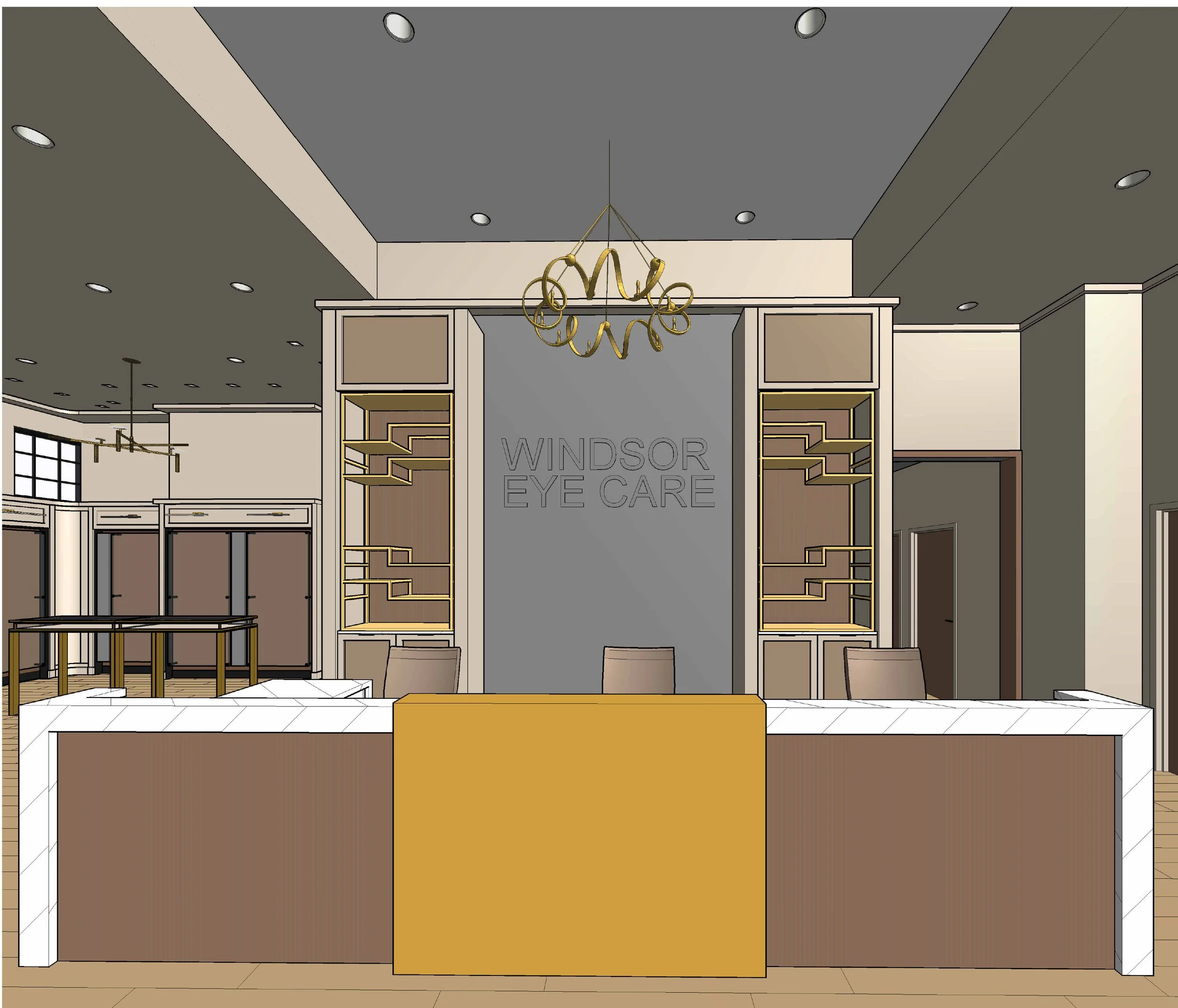 Three-dimensional reception desk elevation showing custom millwork, stone surfaces, gold detailing, branding, and display shelving for Windsor Eye Care, designed by Luxe Style Studio.