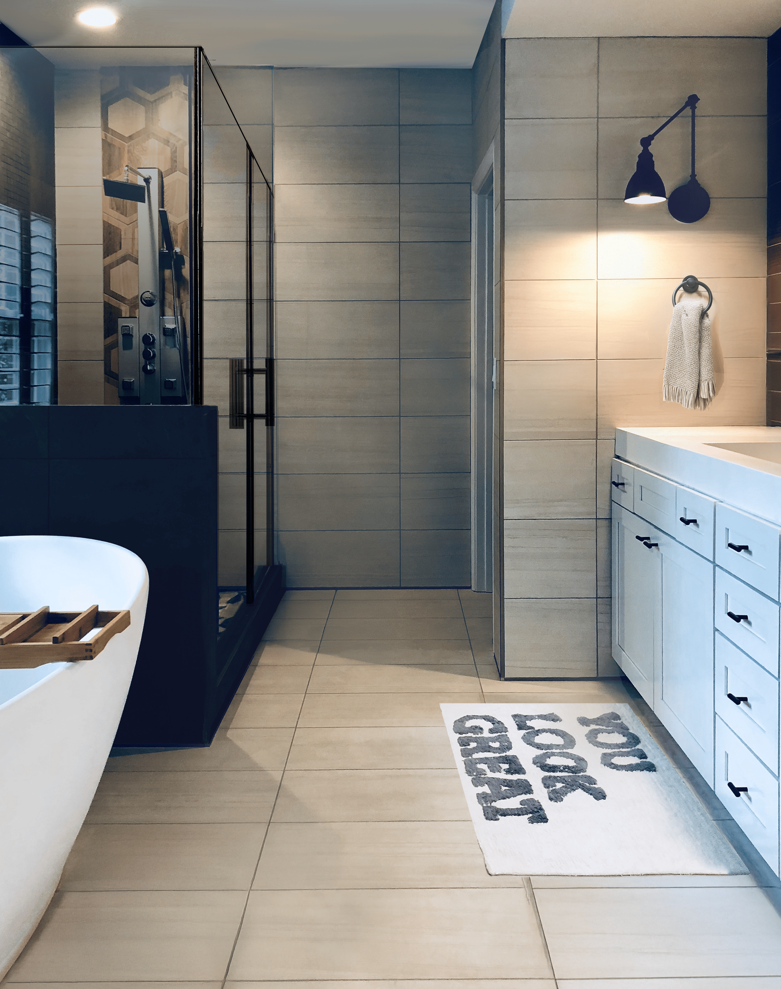 Buckhead primary bathroom with freestanding soaking tub, black-frame glass shower enclosure, light blue vanity, and large-format tile floor by Luxe Style Studio
