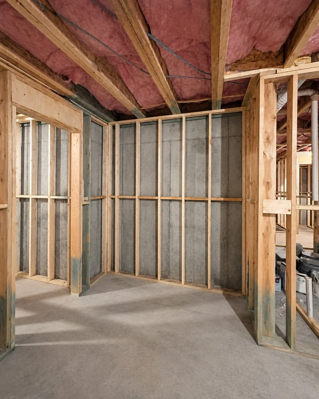Franklin lower-level bar area during rough framing with exposed wall and ceiling studs defining the future room, designed by Luxe Style Studio