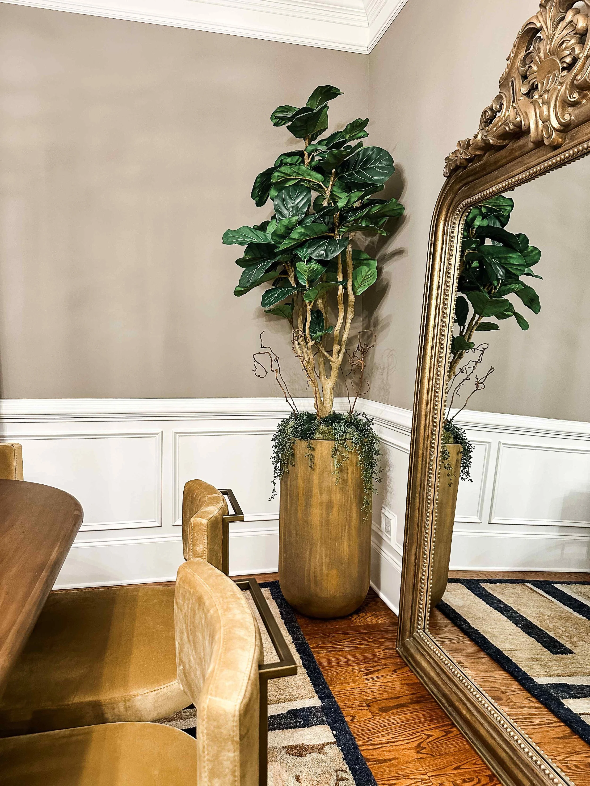 East Cobb dining room corner with oversized fiddle leaf fig in brass cylindrical planter beside ornate gold floor mirror, East Cobb, GA private residence, interior design by Luxe Style Studio
