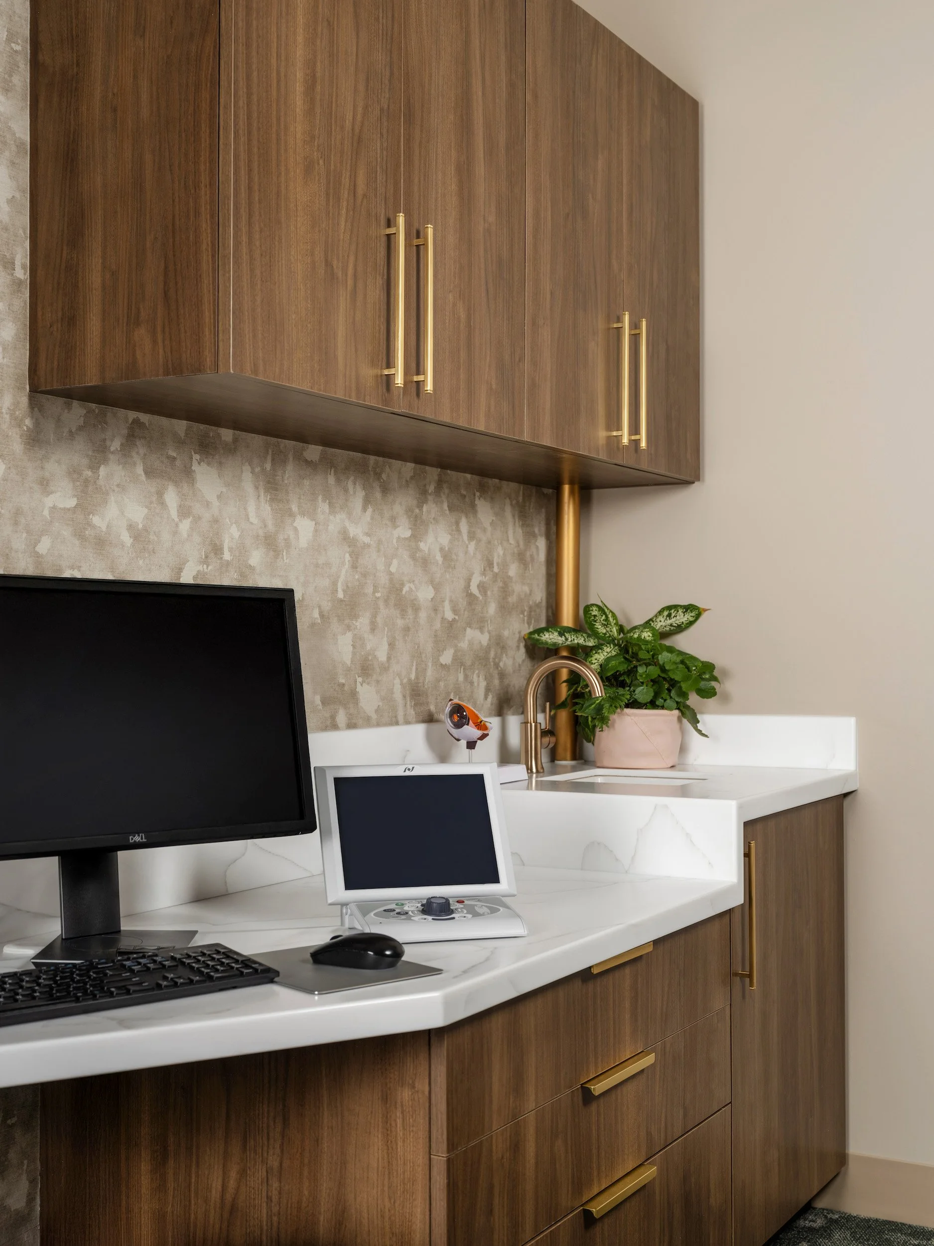 Medical exam room with walnut cabinetry, brass pulls, white quartz, and textured wallcovering, designed by Luxe Style Studio