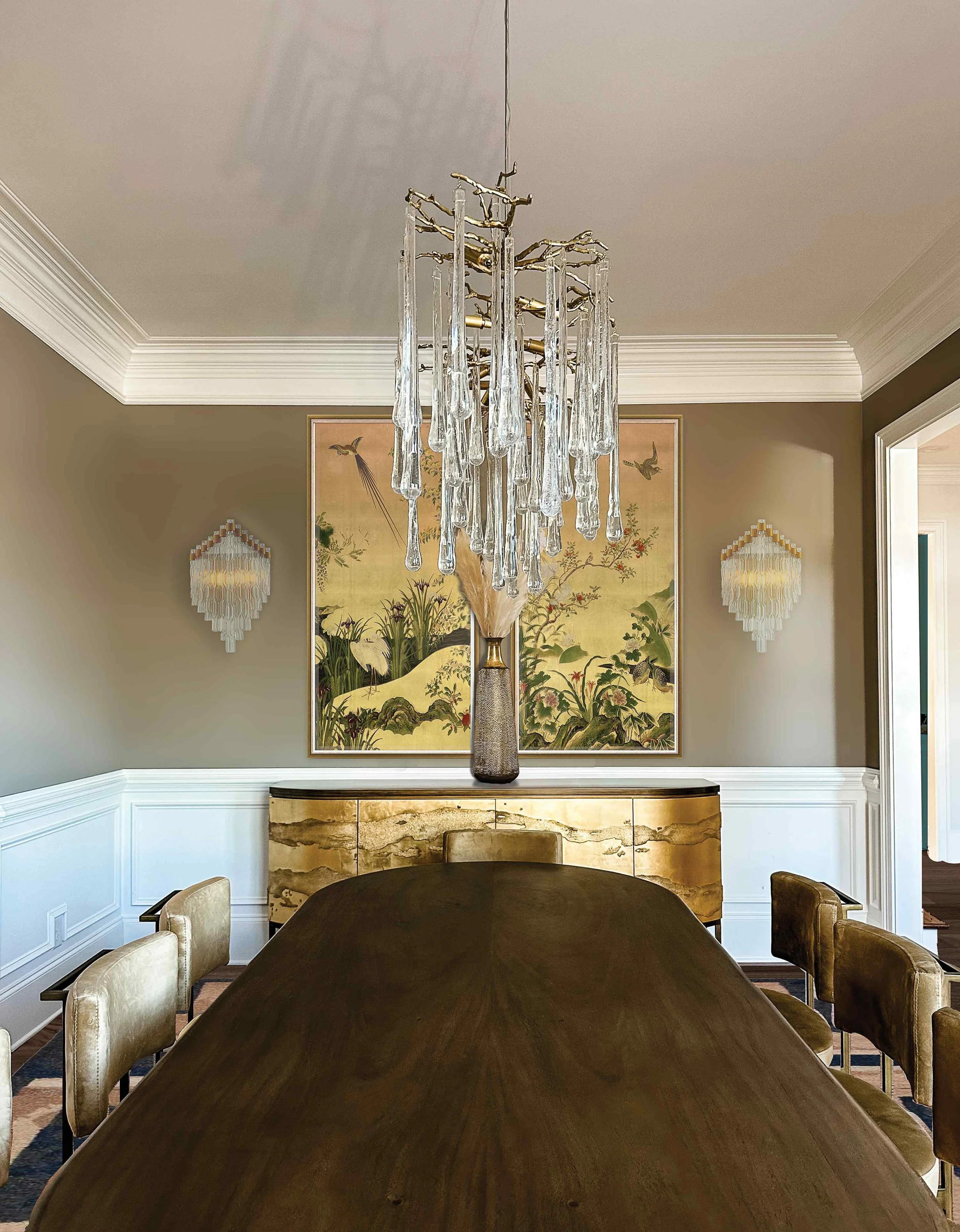 East Cobb luxury dining room featuring sculptural brass branch chandelier with crystal drops, large chinoiserie artwork, and gold lacquer sideboard, East Cobb, GA private residence, interior design by Luxe Style Studio