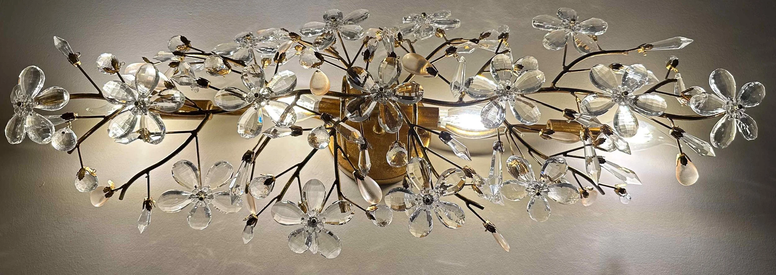 East Cobb home crystal blossom branch flush mount light fixture with brass arms and faceted crystal flowers, East Cobb, GA private residence, interior design by Luxe Style Studio