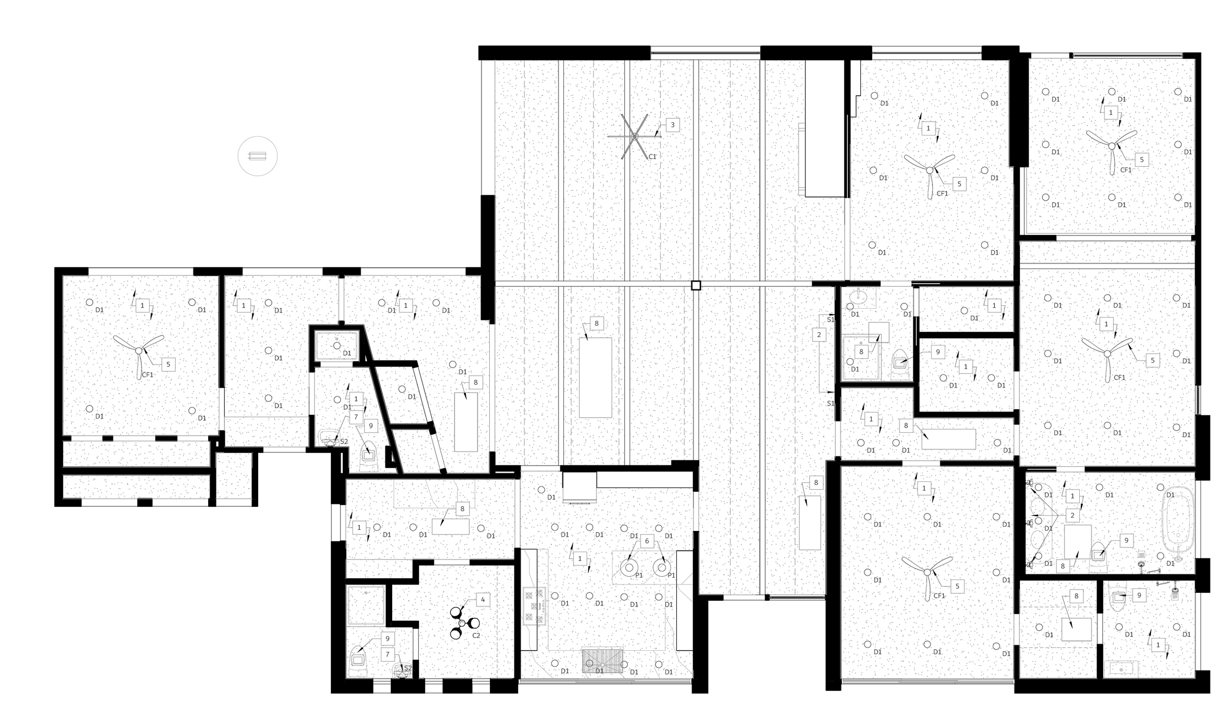 Reflected ceiling and lighting plan for the Old Ivy residence showing decorative fixtures, recessed lighting, sconces, ceiling fans, and room-by-room placement, designed by Luxe Style Studio