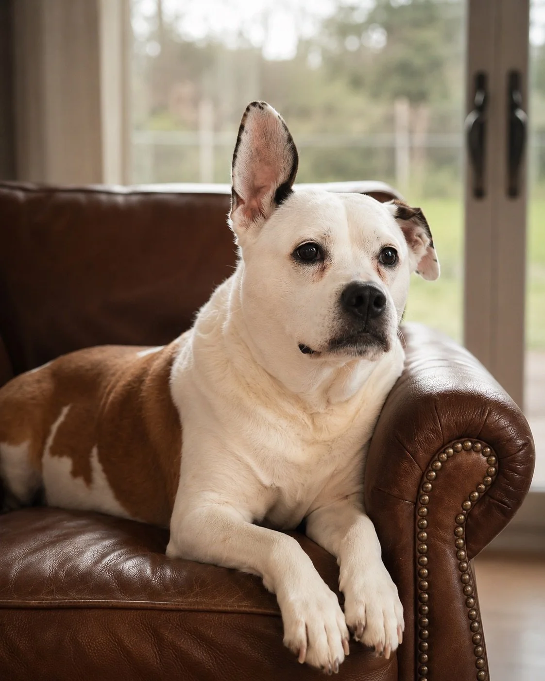 Josie, the Luxe Style Studio office dog, resting on a brown leather sofa
