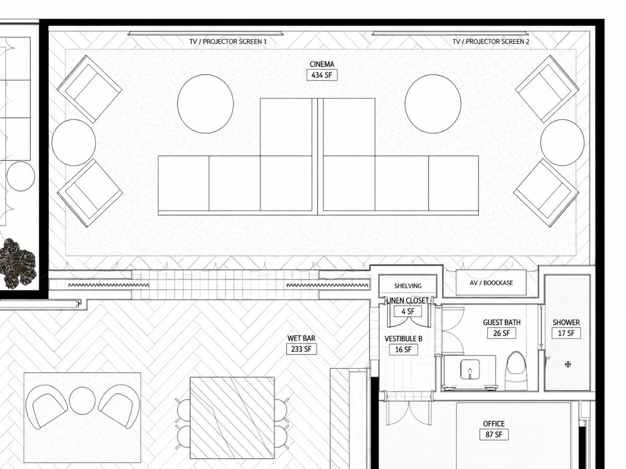 Interior space plan for a cinema, wet bar, guest bath, and office, designed by Luxe Style Studio