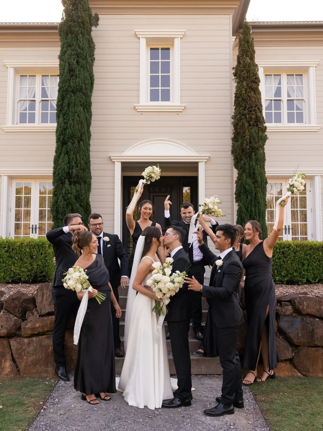 Elegant and bold, we loved Abbey + Anthony&rsquo;s all black wedding party dress code 🖤
⁠
Photographer + videographer @figtreepictures⁠
Venue @wynmereestate⁠
Coordinator @the.white.stag⁠
Celebrant @married_by_eryn⁠
Florist @demavi_weddings⁠
Dress @m