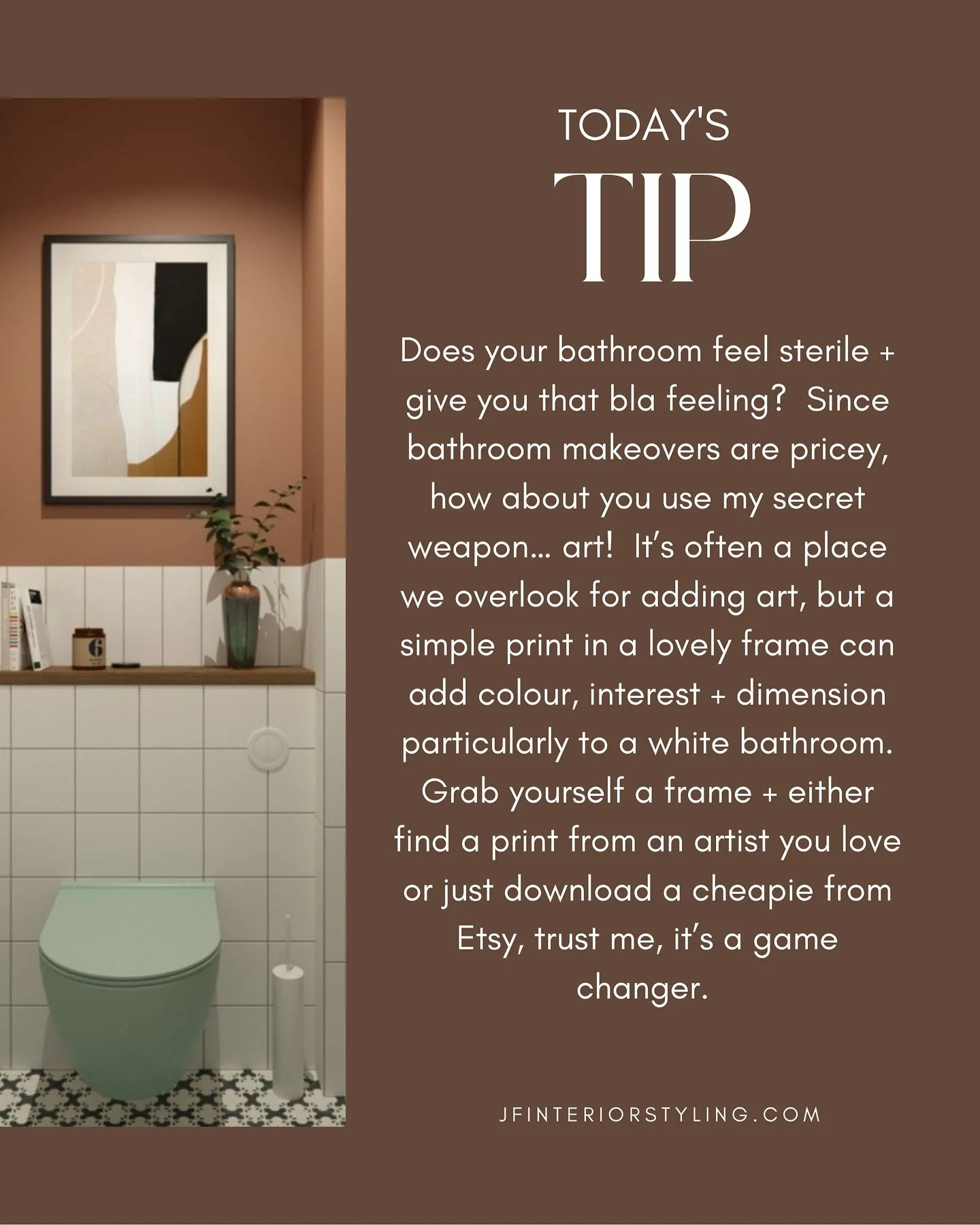 A friend who is renovating is struggling with decision fatigue for her bathroom + it made me think of this simple interiors tip if you have a bathroom that&rsquo;s fairly plain + you want to add a bit of personality.  Art isn&rsquo;t just reserved fo