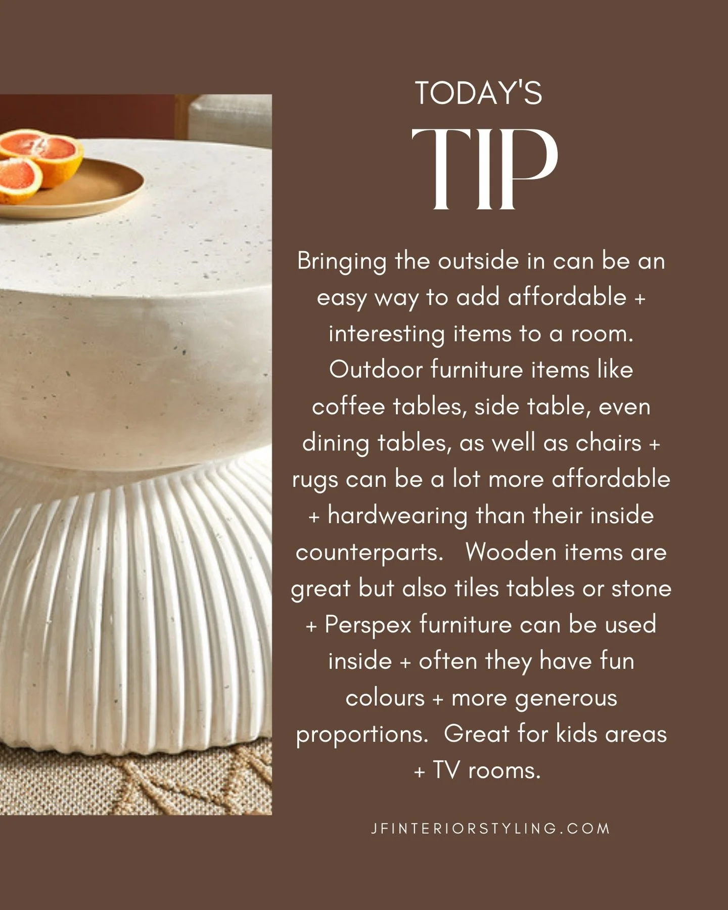 Need furniture with big proportions or with a bit of colour or sturdy wood?  Have you considered checking the outdoor section as many furniture stores have fantastic items that are made as outdoor but can easily convert to beautiful indoor items.  I 